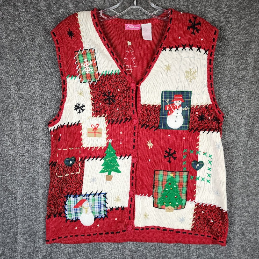 Pappagallo Holiday Sweater Vest Womens Medium Red Patchwork Christmas Snowman